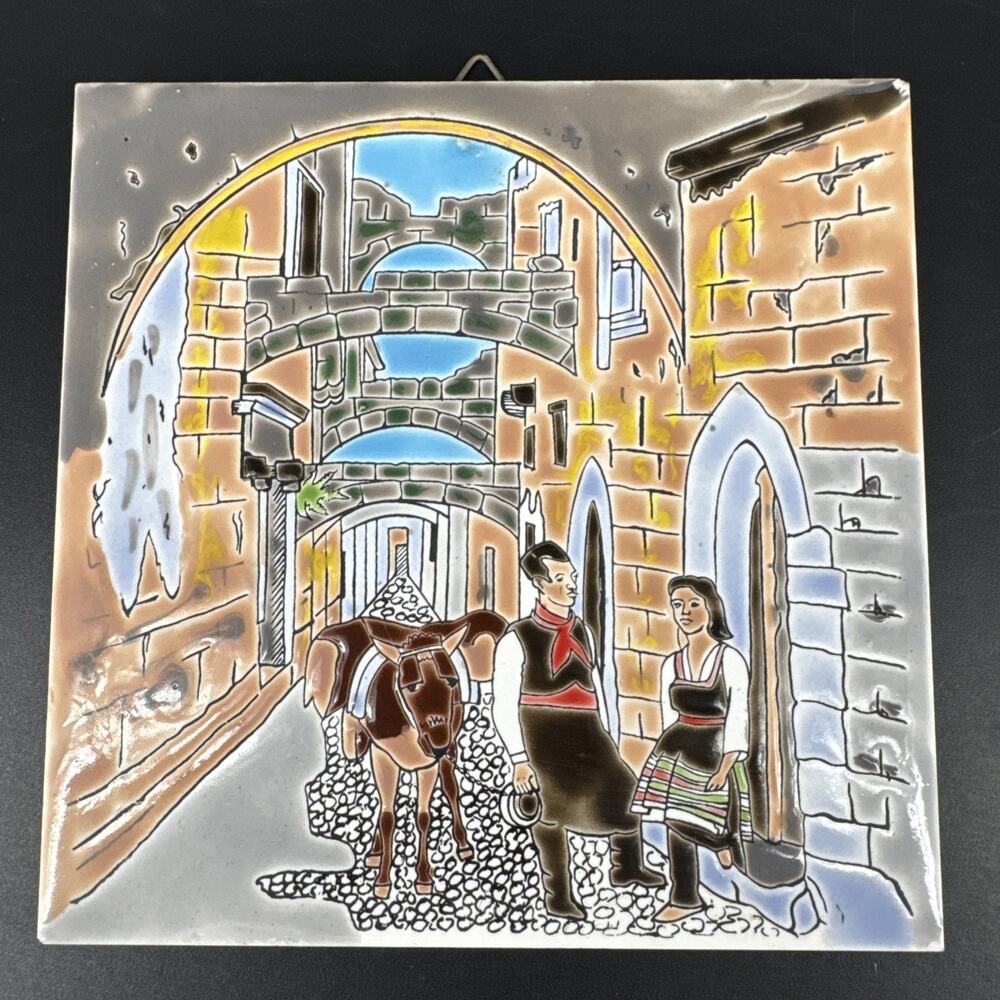 Vtg Ceramic Tile 6” City Scene KOUTOUNIS Rhodes Greece 1.8” Thick Hanging Loop